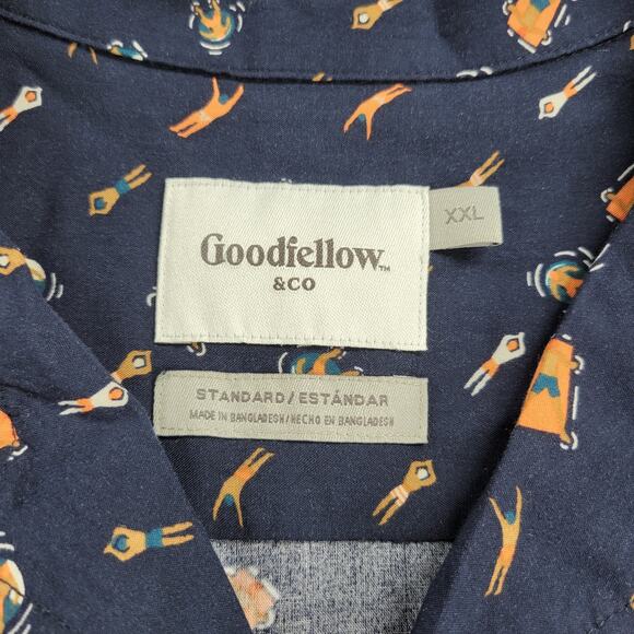 Goodfellow Mens Button Up Shirt Size XXL Navy Swimmer Graphic Rayon Short Sleeve - Picture 10 of 12